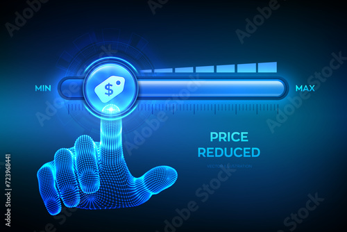 Price reduced. Cost reduction. Wireframe hand is pulling to the minimum position progress bar with the price tag icon. Promotion and advertising business concept. Vector illustration.