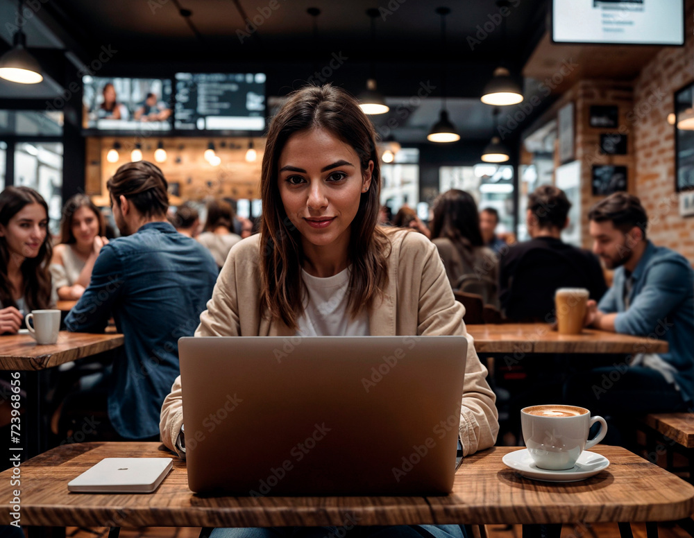 woman smiling and sitting at a table with a laptop and a cup of coffee. She is focused on her work. There are other people in the background, engaged in their own activities. woman smiling and sitting at a table with a laptop and a cup of coffee. She is focused on her work. There are other people in the background, engaged in their own activities.