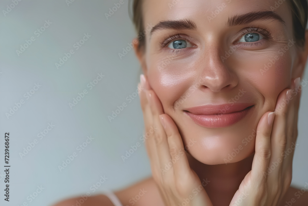 Closeup Beautiful smiling mature woman touch face with smooth healthy skin Closeup Beautiful smiling mature woman touch face with smooth healthy skin