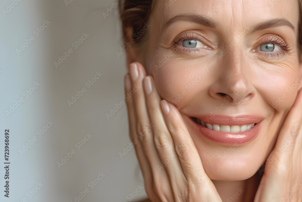 Closeup Beautiful smiling mature woman touch face with smooth healthy skin Closeup Beautiful smiling mature woman touch face with smooth healthy skin