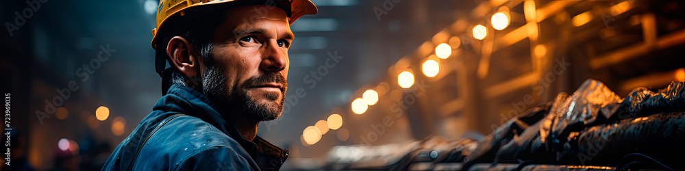 A close-up of a seasoned worker in a hard hat, his face etched with experience, set against the warm, blurred lights of an industrial backdrop.