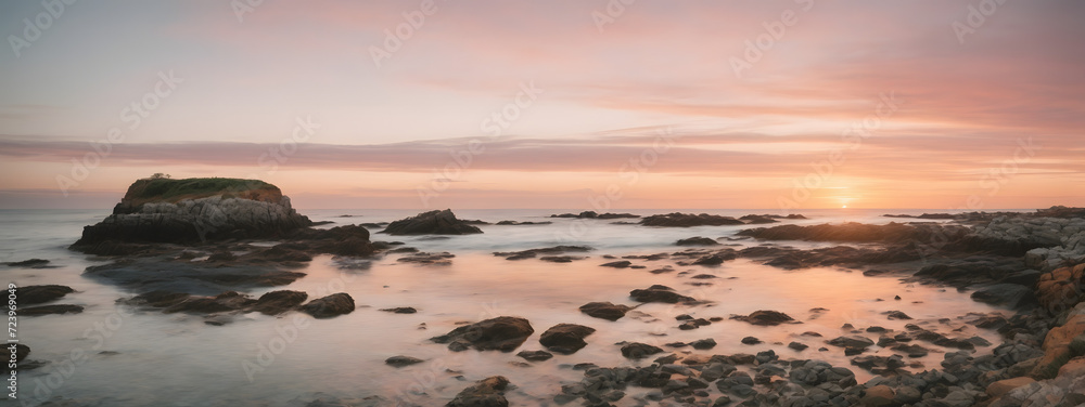 Calm coastal scene with a rocky shore, tide pools, and a pastel-colored sunset sky. Wide format.