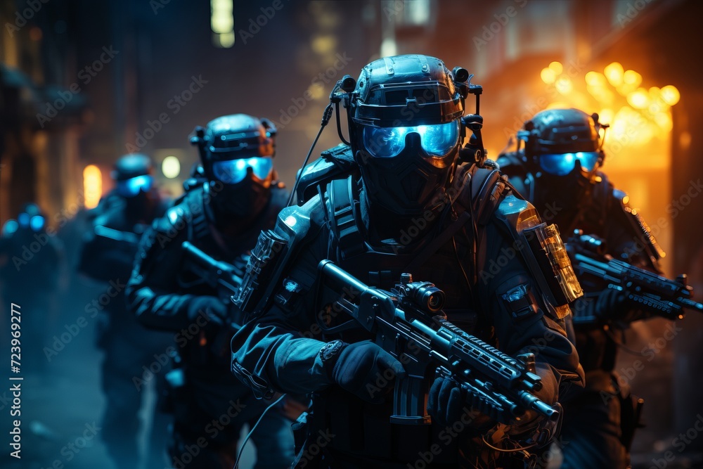 special forces soldier polices group with high technology gun and weapon working in night city