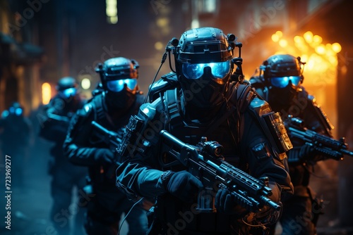 special forces soldier polices group with high technology gun and weapon working in night city