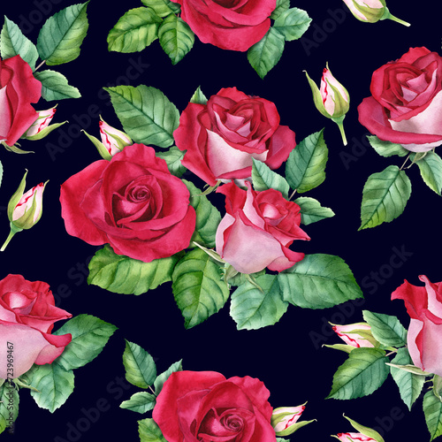 Floral seamless pattern with red Rose blooms, buds and leaves. Botanical watercolor repeat pattern. For wrapping wallpaper fabric textile