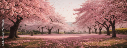 Delightful cherry blossom garden in full bloom  with pink petals falling gently in the breeze. Wide format.