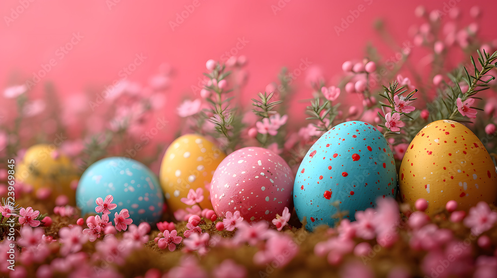 Row of Painted Eggs on Field of Flowers Row of Painted Eggs on Field of Flowers