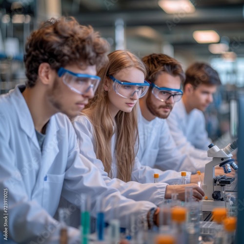 Scientists in lab coats working on research project in laboratory