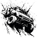 Monochromatic intensity in an offroad scene with the silhouette of a mud-covered vehicle.