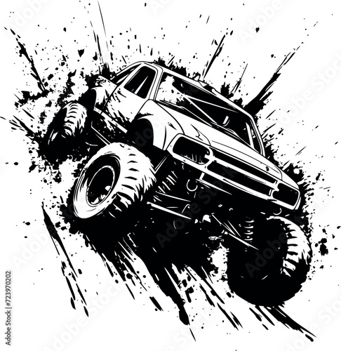 Monochromatic intensity in an offroad scene with the silhouette of a mud-covered vehicle.