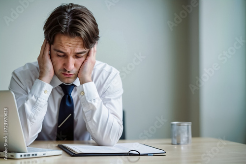 Sotto Pressione- Il Dolore di un Uomo Affaticato e Stressato in Ufficio photo