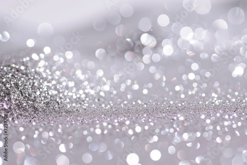 Silver glitter sparkles on a white background with a blurred focus.