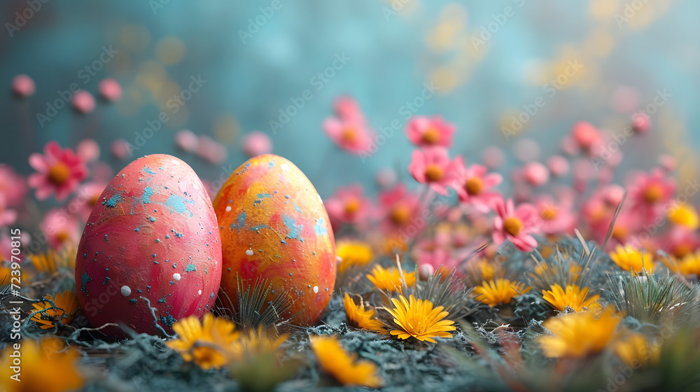 Two Painted Eggs Sitting in a Field of Flowers