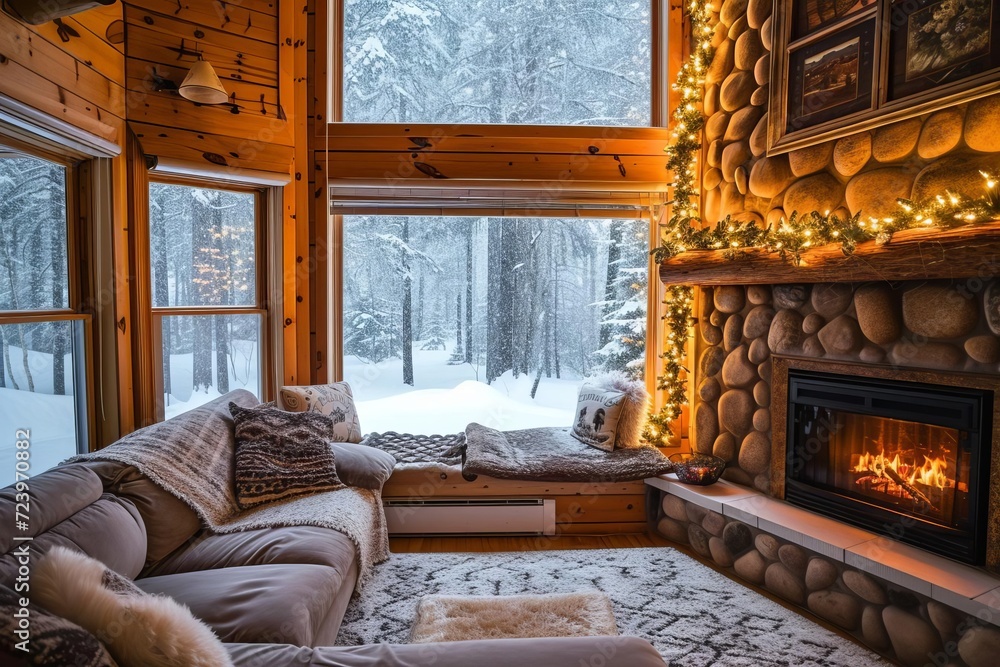 Cozy winter cabin with a fireplace and snow-covered surroundings