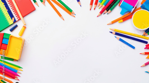 School supplies background top view with copy text space - ai generative