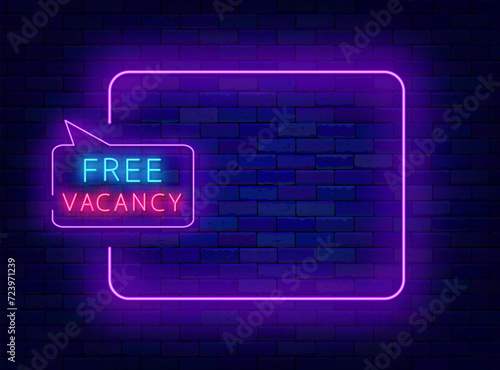 Recruitment agency neon flyer. Empty purple frame and free vacancy text. Write you resume banner. Vector illustration