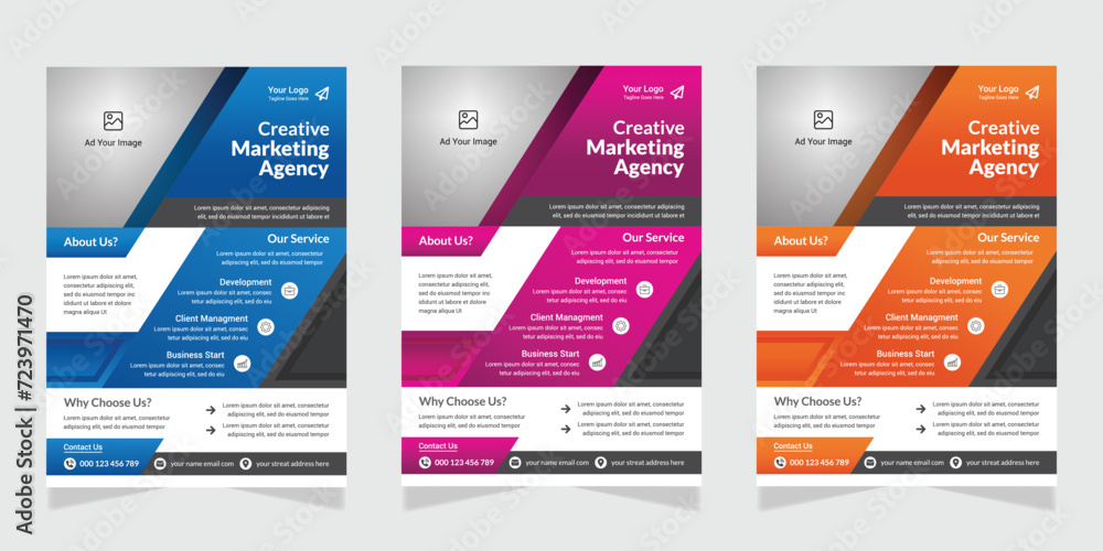 Three business brochure flyer design layout template A4, blur background, Template vector design for Magazine, Poster, Corporate Presentation,