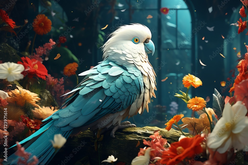 Fototapeta premium Parrot sitting on a rock in an aquarium full of flowers