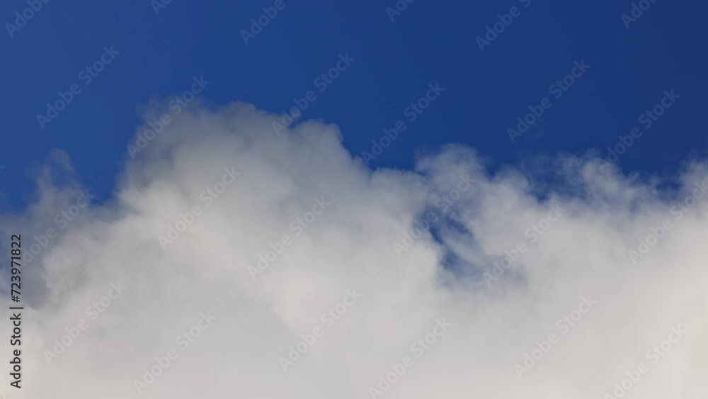 White cloud moves quickly and changes shape against the blue sky. Cloud movement in close-up, convection processes in the atmosphere. Growing and Moving White Cumulus Clouds, Air Convection White cloud moves quickly and changes shape against the blue sky. Cloud movement in close-up, convection processes in the atmosphere. Growing and Moving White Cumulus Clouds, Air Convection