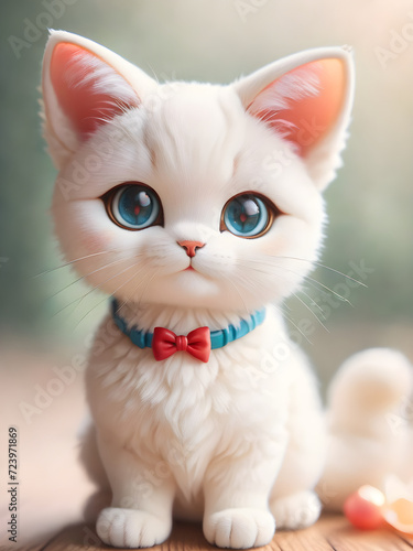 Fluffy white kitten with a blue bow  showcasing adorable blue eyes and a furry black nose  is a cute domestic pet portrait
