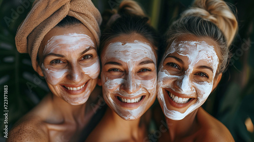 Cute happy women with face masks. 