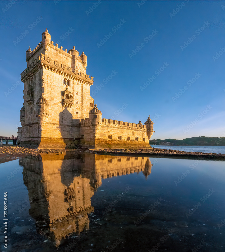 Remains of the iconic Belem Tower on the shores of the Tagus River at the entrance to the port of Lisbon, Portugal