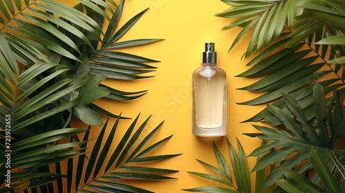Blank luxury perfume bottle with tropical leaves on the orange background with copy space, template mockup for cosmetic packaging, product advertising concept.