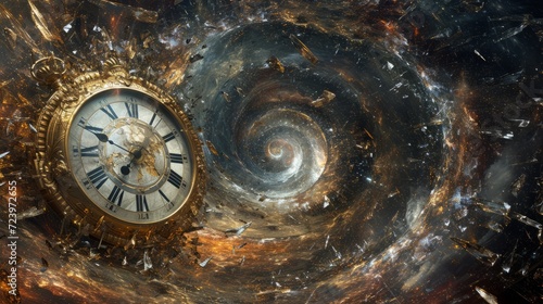 A clock surrounded by a galaxy of shattered glass photo