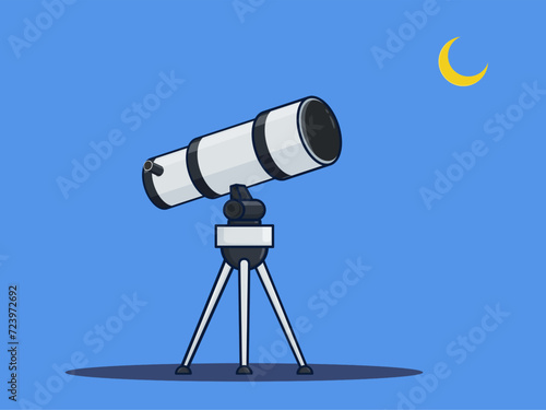 Telescope and moon illustration isolated. Flat illustration cartoon style. Vector optical device to explore, discover galaxy, cosmos, and space. Telescope on a tripod stand, educational tool. (ID: 723972692)