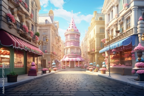 European city street pink color with pastry and sweets and candy
