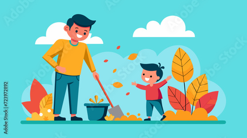 Vector illustration of family autumn yard cleaning activity