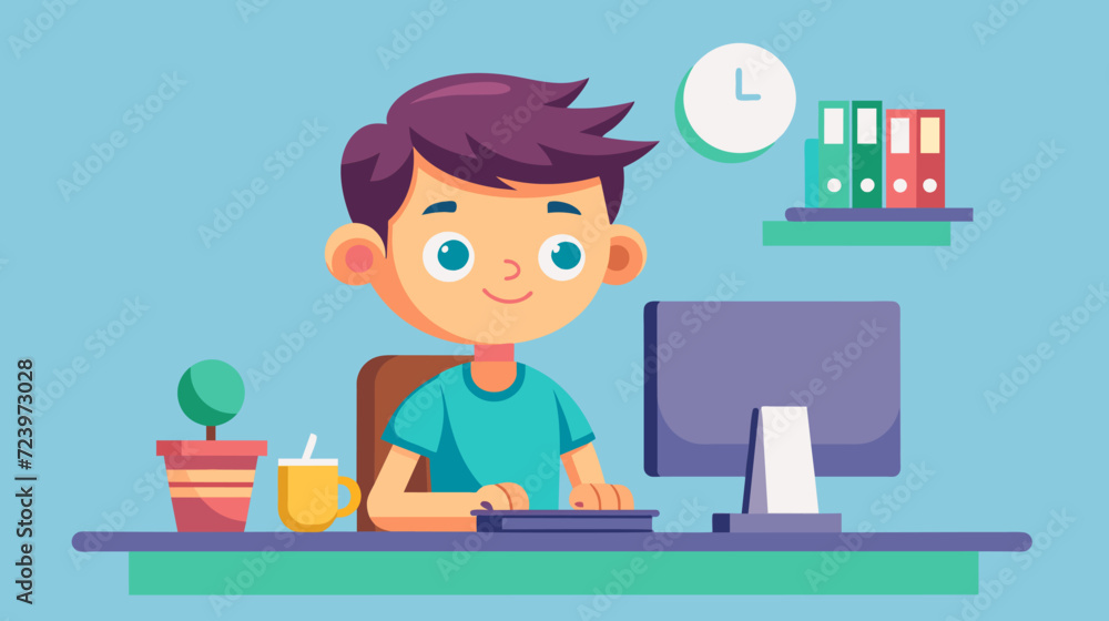 Cheerful cartoon boy using computer at home or school desk Cheerful cartoon boy using computer at home or school desk
