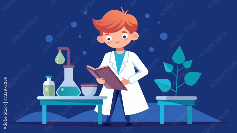 Young scientist with chemicals and plant in laboratory setting - vector illustration Young scientist with chemicals and plant in laboratory setting - vector illustration