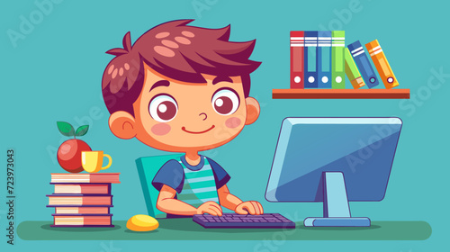 Happy boy using computer for schoolwork or gaming, vector illustration