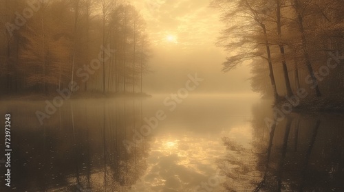 A serene misty forest and lake in gentle sepia tones, creating a tranquil haven exuding solitude.  © Falk