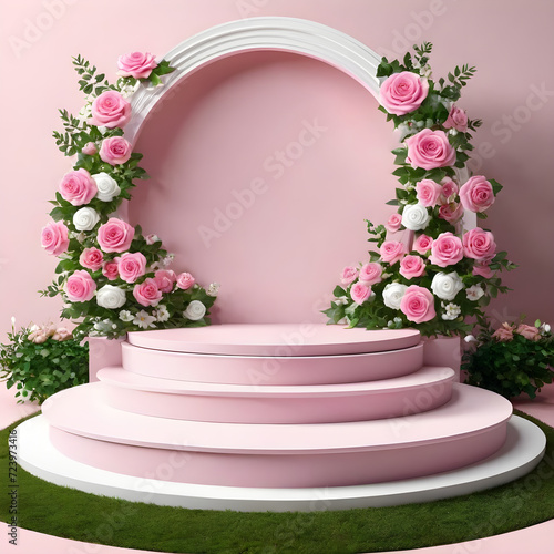 Podium background flower rose product pink 3d spring table beauty stand display nature white. Garden rose floral summer background podium cosmetic valentine easter field scene gift purple day romantic