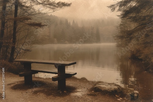 Table and benches near the foggy lake surrounded by forest. 
