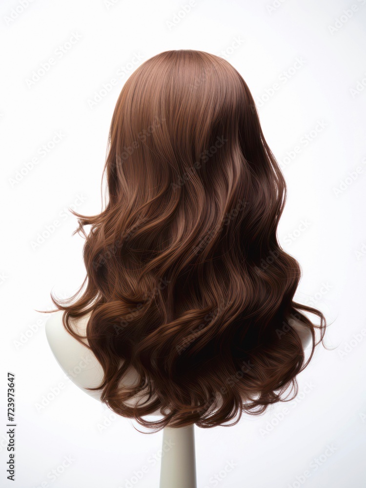 Obraz premium Brunette wig on a mannequin on white background. Brown long wavy hair on dummy head, back view.