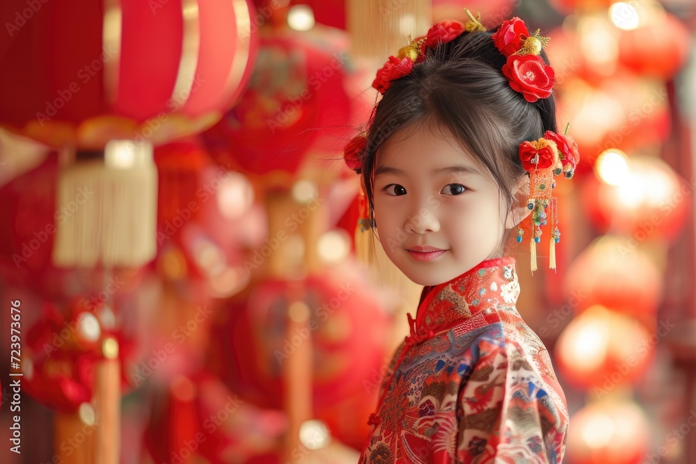 Chinese girl smiles at the camera with red lantern blur background