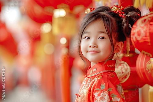 Little girl wearing traditional Chinese clothes smiles beside the lantern
