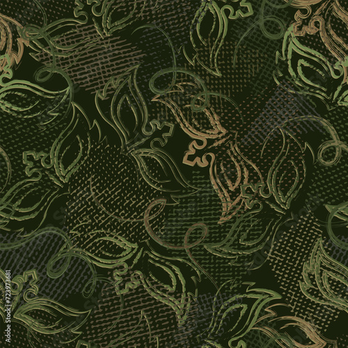 Seamless khaki green camouflage pattern with random scattered carnival masks, overlapping tulle pieces. Random composition. For apparel, fabric, textile, sport goods Grunge texture