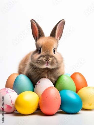 Cute easter bunny and colored eggs on white background. © Hanna