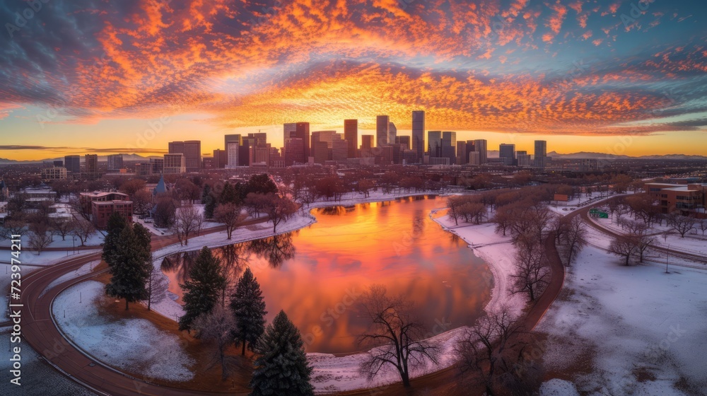 Stunning Aerial View of the Denver Skyline and Cityscape at Sunset Overlooking a Frozen Lake in the Winter with Vibrant Orange and Yellow Clouds Stunning Aerial View of the Denver Skyline and Cityscape at Sunset Overlooking a Frozen Lake in the Winter with Vibrant Orange and Yellow Clouds