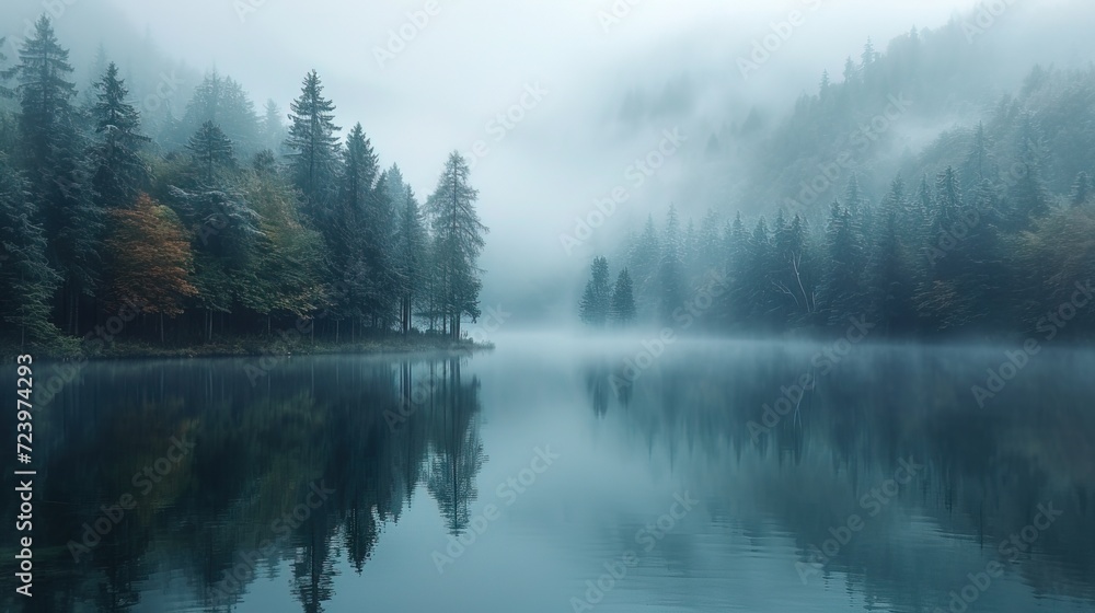 Fototapeta premium Foggy lake in morning misty forest. Desaturated colours. AI