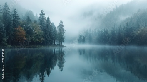 Foggy lake in morning misty forest. Desaturated colours. AI © Falk