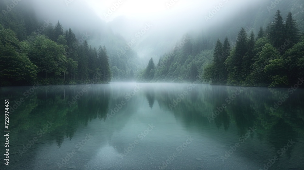 A serene lake embraced by a morning mist, cradled within a lush forest. AI generated image A serene lake embraced by a morning mist, cradled within a lush forest. AI generated image