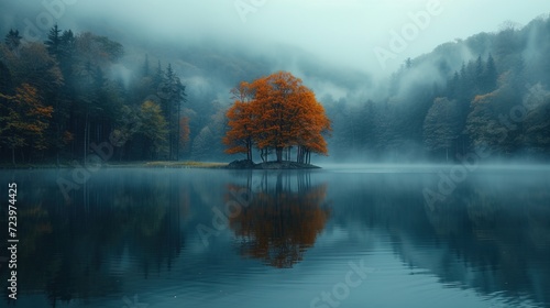 A serene lake embraced by a morning mist, cradled within a lush forest. AI generated image