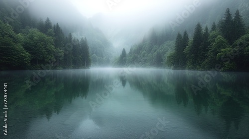 A serene lake embraced by a morning mist  cradled within a lush forest. AI generated image