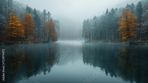 A serene lake embraced by a morning mist, cradled within a lush forest. AI generated image