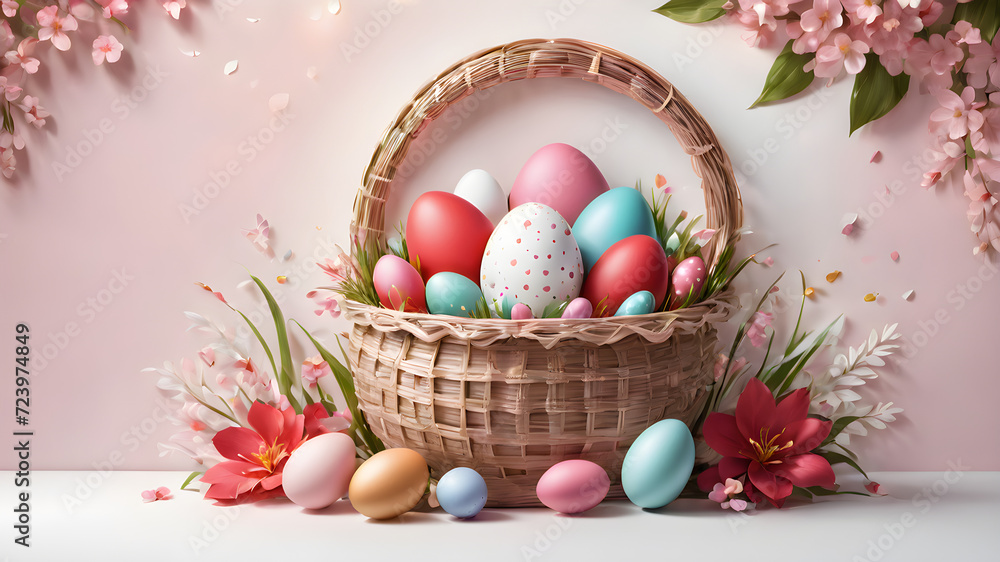 Basket of Colorful Easter Eggs in Spring Grass Basket of Colorful Easter Eggs in Spring Grass
